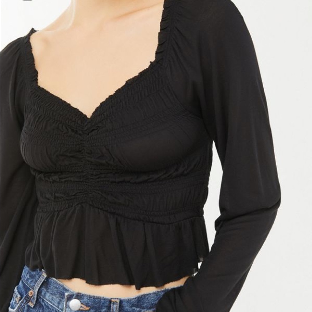 UO ruched black cropped blouse